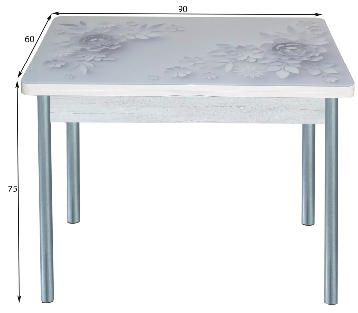 Стол обеденный поворотно-раскладной с фотопечатью Симпл Цветы на сером/Серебристый металлик